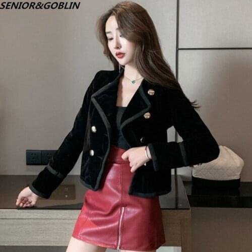 2020 Spring Autumn Runway Women Short Jacket Coat Double Breasted Blazer Suit Female Velvet Black Slim Outwear+PU Pencil Skirt