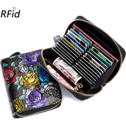 Large Capacity RFID Credit Card Holder Zipper Organ Flower Cardholder Fashion Women Lady Card Wallet Coins Bag Porte Carte