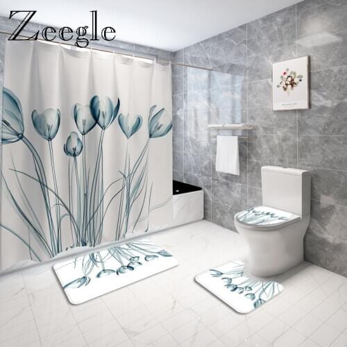 Floral Printed Shower Curtain with Bath Mat Set Polyester Waterproof Mouldproof Shower Curtain Anti Slip Bathroom Foot Rug