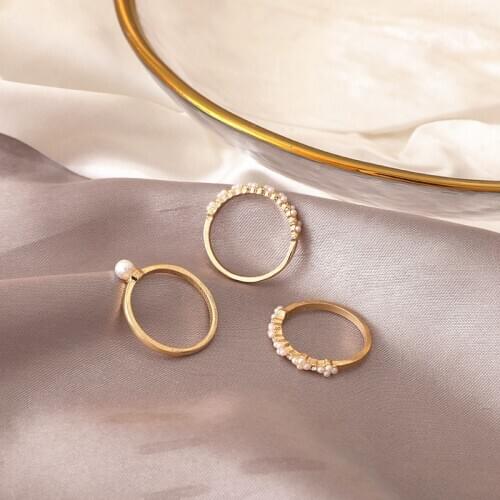Pearl Ring for Women Fashion Christmas Gift Party Geometric Round Golden Rings Set Jewelry