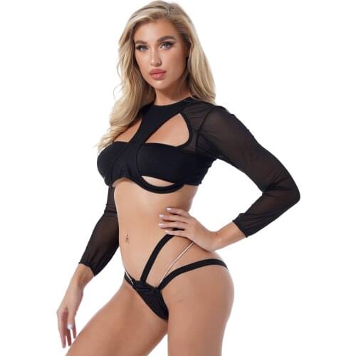Womens Sexy Beachwear See-through Mesh Crop Top Long Sleeve O Neck Cutout Tank with Hollow Out Bikini Thong Erotic Lingeire Set