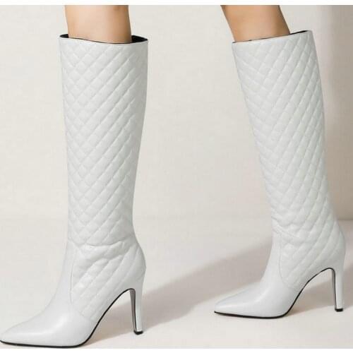 White Black Wine Red Women Knee High Boots Brand Design Faux Leather Women Thin High Heel Boots Slip on Pointed Toe Womans Boot