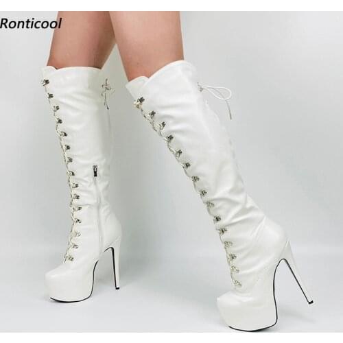 Ronticool 2021 Women Winter Knee High Boots Unisex Stiletto Heels Round Toe Beautiful White Party Shoes Women Plus US Size 5-20