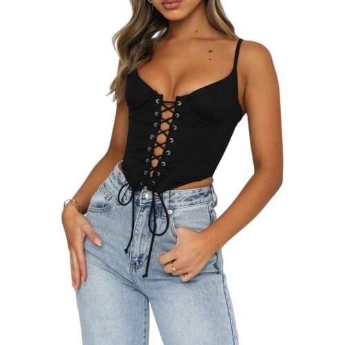 The Latest Lace-Up Design Women Sling Corset Vest Solid Color Deep V-Neck Casual Fashion Charming Vest Black/White/Brown