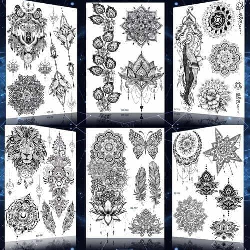 Large India Henna Flower Lotus Feather Mandala Tattoos For Women Stickers Waterproof Fake Chest Tattoo Temporary Body Art Tatoo