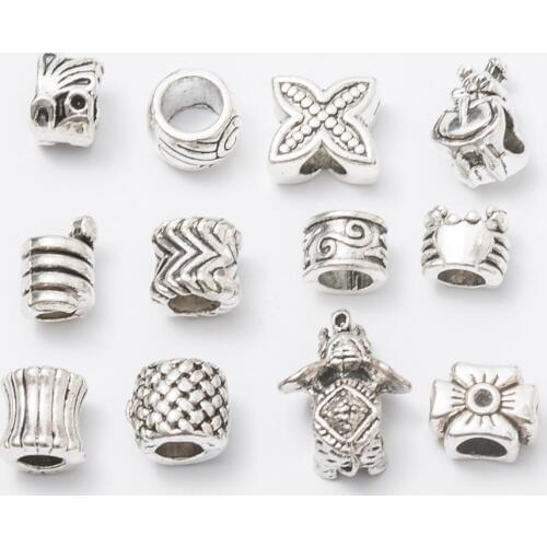 Mix 12Pcs/Lot Antique Silver Color DIY Zinc alloy Big Hole Spacer Bead Charm Fits Jewelry making Bracelet js1149