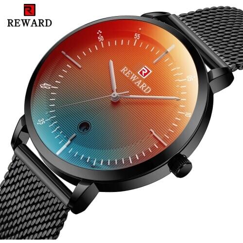 REWARD Men Watches Bright Color Changing Glass with Calendar Waterproof Quartz Watch Men Stainless Steel Business Wrist Watch