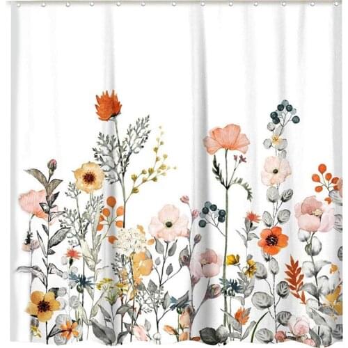 Floral Shower Curtain with 12 Hooks Watercolor Botanical Flowers Decorative Bath Curtain Modern Bathroom Accessories