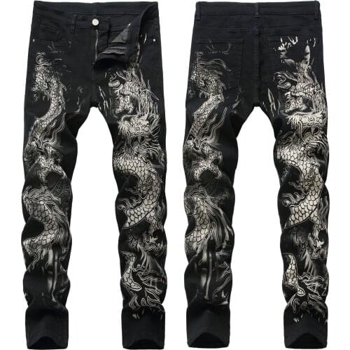 2021 New Fashion Mens Jeans Stretch Slim Fit Printed Black Trousers Men Dragon Print Streetwear Denim Punk Pants Vaqueros Hombre