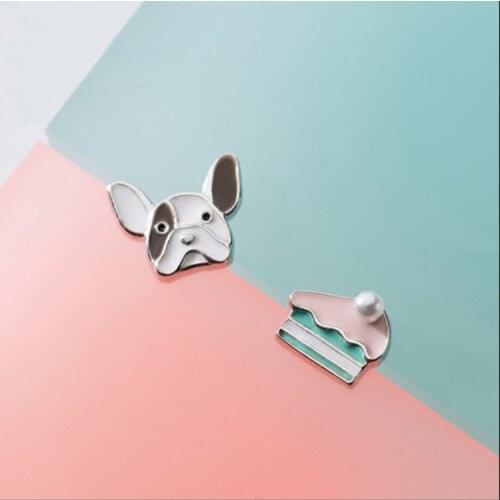 Daisies Enamel Lovely Cake Shar Pei Dog Asymmetry Earrings One Pair 925 Sterling Silver For Animal Lovers Personality Gift