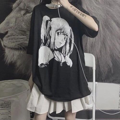 HOUZHOU Anime Graphic T-Shirts Women 2021 Summer Japanese Style Alt Clothes Oversize E Girl Top Black Gothic T-Shirts Streetwear