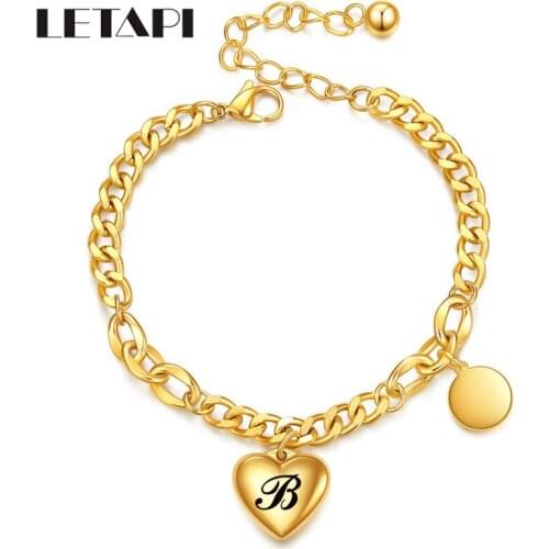 LETAPI 2021 New Fashion Gold Color Stainless Steel Heart Bracelets Bangles 26 Letters Alphabet Bracelet for Women
