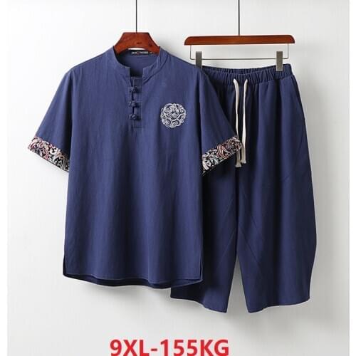 Summer Chinese style Tshirt and shorts floral linen Men plus size vintage Tang suit tees oversize tshirt Short Sleeve 7XL 8XL9XL