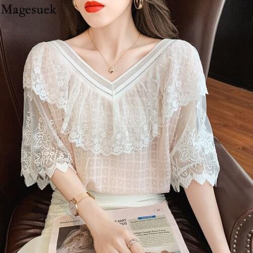 Summer V-neck Lace Blouse Women New Short Sleeve Ruffle Stitching Chiffon Shirt Korean Slim Sweet Solid Chic Tassel Tops 15473