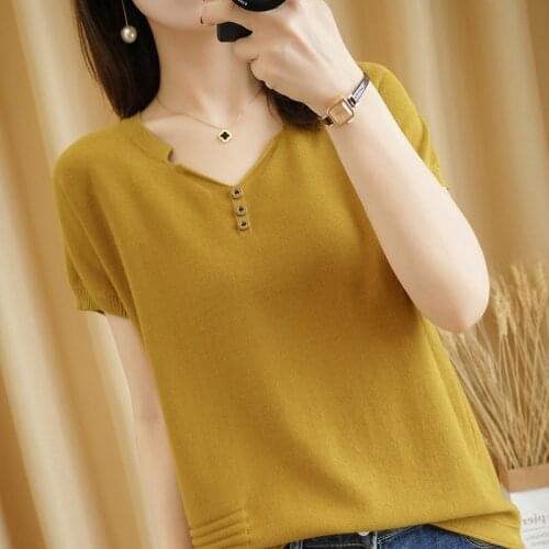 Summer Womans Sweater Female Pullover Casual V-Neck Short Sleeve 100% Cotton Knitted Jumper Soft Health Clothes Pull Femme Tops