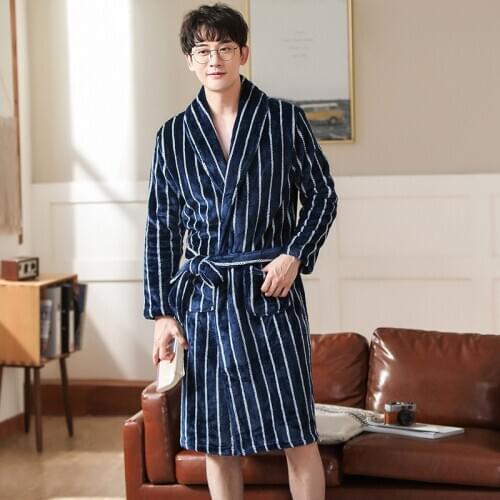 2020 Winter Mens Blue Stripe Long Sleeve Flannel Bath Robe for Men Casual Bathrobe Male Kimono Dressing Robe Gowns Sleepwear