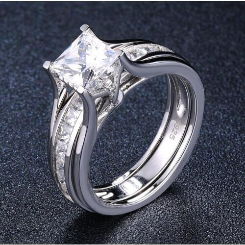 Princess Cut Diamond Wedding Ring Sets 2-in-1 Solid 925 Sterling Silver Round CZ Engagement Rings For Women Bridal Proposal Gift