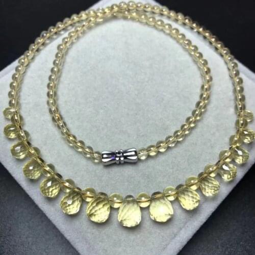 Natural Yellow Citrine Quartz Necklace Water Drop 10mm Women Clear Beads Charming Beads Pendant Long Chain Necklace AAAAA