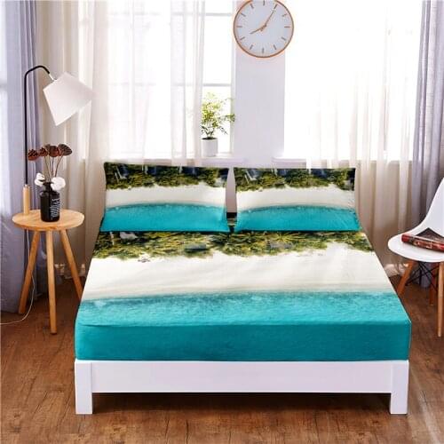 Coastline Digital Printed 3pc Polyester Fitted Sheet Mattress Cover Four Corners with Elastic Band Bed Sheet Pillowcases