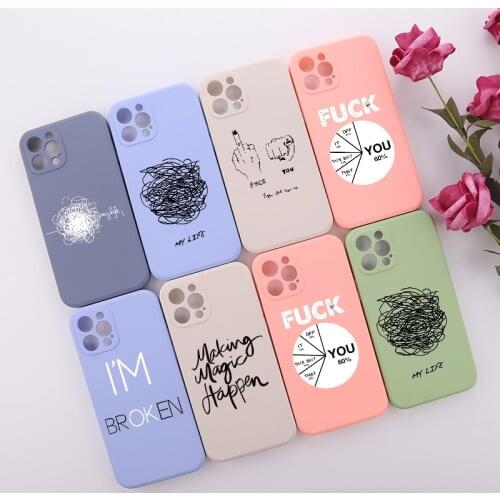 Geometry Interesting Text Liquid Silicon Phone Cover For iPhone 11 12 Pro Max Mini XS XR X 7 8P Shockproof Phone Case Shell