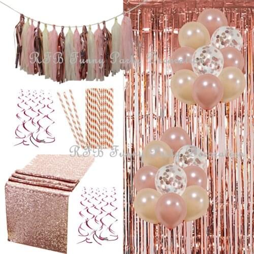 Rose Gold Balloons Party Decoration Foil Curtain Rose Table Runner Decor Paper Straws for Wedding Engagement Holiday Celebration
