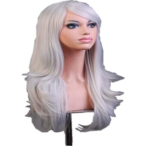 Silver Women Wig Fei-Show Synthetic Heat Resistant 24"Long Wavy Hair Carnival Party Halloween Costume Cosplay Hairpiece