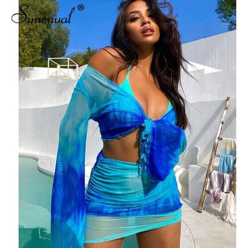 Simenual Mesh Tie Up Top And Skirt Matching Sets Flare Long Sleeve Holiday Club Outfit For Women Fashion Drawstring 2 Piece Set