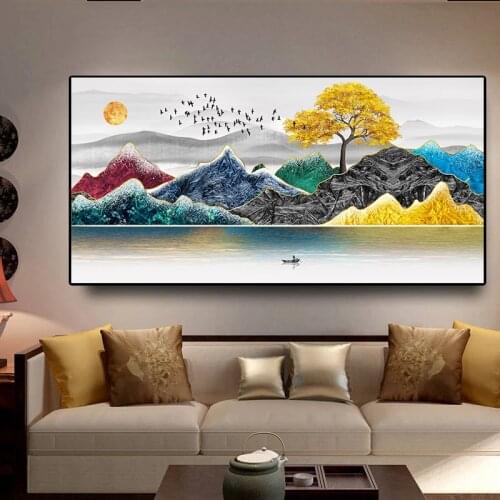 Nordic Abstract Gold Tree Birds Mountain Canvas Painting Wall Art Posters Prints Wall Picture for Living Room Home Cuadros Decor