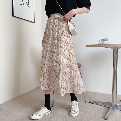 Spring 2021 new a-line skirt, retro high waist, thin, all-match floral skirt, mid-length pleated skirt