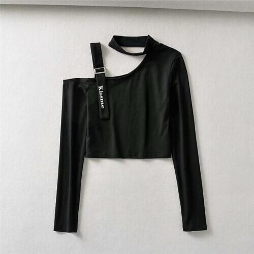 Summer fashion women halter strapless black short blouse chic lady kissgod letter print streetwear women long sleeve tops femme