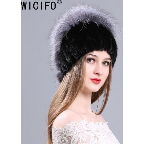 2019 women knitted Mink Fur Hat styles female fur Cap with fox fur pompom lining Women Winter Headwear girls hats for beanies