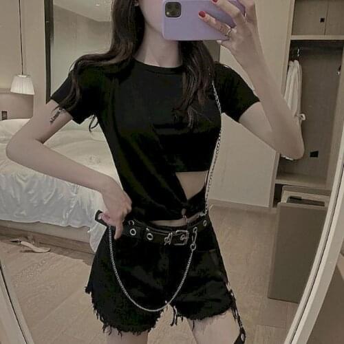 Wommens Shorts Cool Cotton Shorts Bungee Suit Design Sense Chain Short Sleeve Black T Shirt Punk Style Leg Ring Short Pants Dark