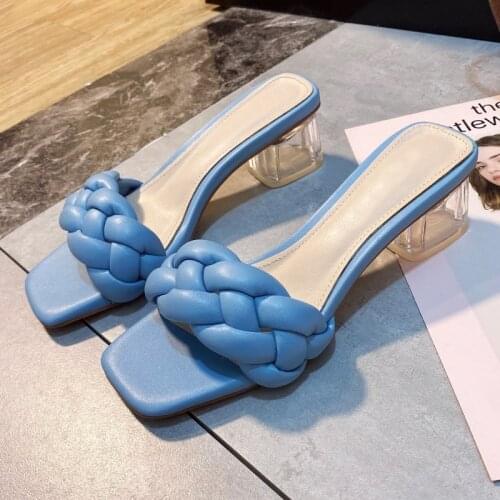 Woman Slippers Transparent High Heels New Summer Shoes Square Heel Weave Square Toe Slippers Ladies Sexy Ladies Leather Shoes