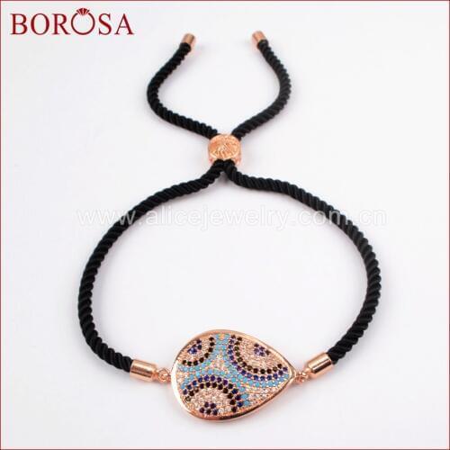 BOROSA Teardrop Shape Charm Connector Fashion Bracelet, CZ Stone Zircon Boho Eye Connector Black Rope Bracelets for Women WX595