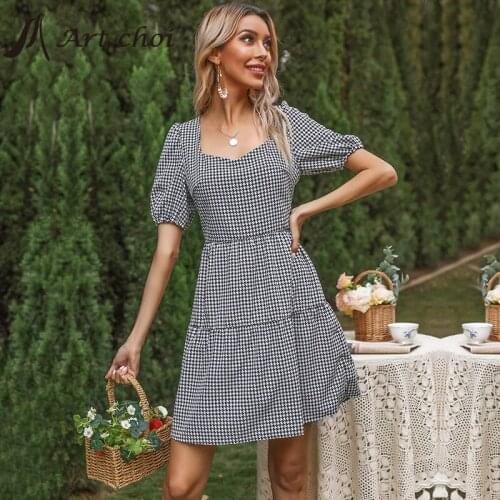 Elagant Women Houndstooth PrintDress Summer Geometric Shirt Backless Puff Sleeve Work Office Vintage Casual Plaid Midi Dresses