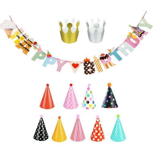 12pcs Happy Birthday Banner Party Hats Polka Dot DIY Cute Handmade Cap Birthday Hat Baby Shower Decoration Set for Boys Girls