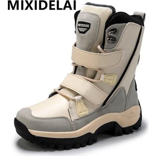 New Winter Women Boots Warm Plush Mid-Calf Womens Snow Boots Lace-up Outdoor Waterproof Hiking Boots Chaussures Femme Size 42