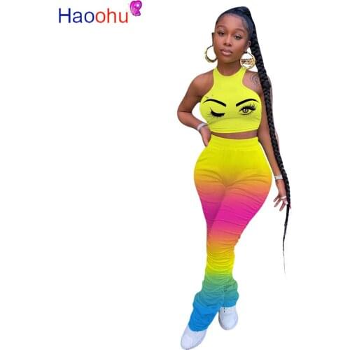 HAOOHU Women Two Piece Set Tracksuits Tank Tops Gradient Stacked Flare Jogger Pants Suit Sporty Fitness Night Club 2 Pcs Outfit