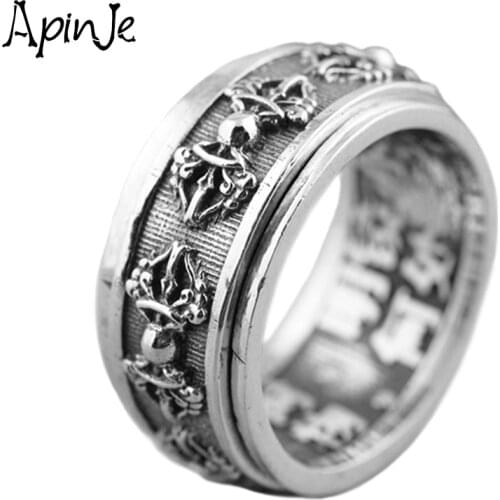 Apinje 925 Sterling Silver Ring for Men Rotatable Vajra Thai Silver Religion Jewelry Mens Gift