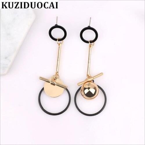 Kuziduocai New Fashion Fine Jewelry 6.8*2.8 cm Asymmetric Copper Circle Beaded Geometry Tassel Stud Earrings For Women Gift E-17