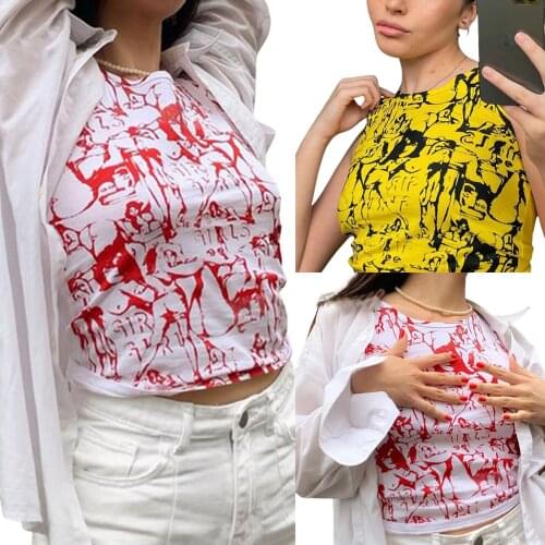 Sexy Womens Crew Neck Tank Tops, Summer Sleeveless Abstract Print Slim Fit Camisoles 2021 New Fashion