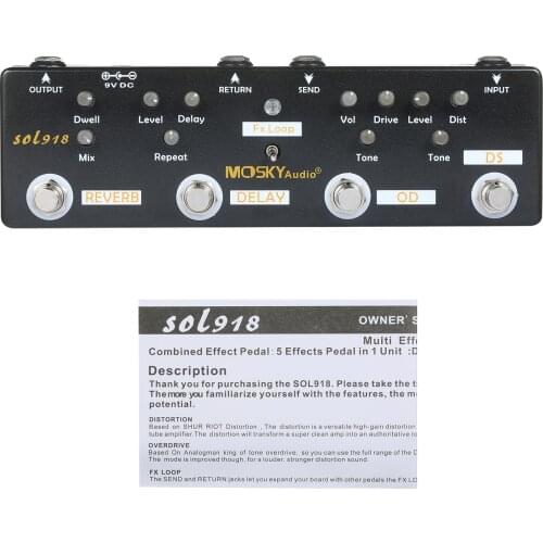MOSKY Audio SOL918 5-in-1 Multi Guitar Effect Pedal Combined Effect Guitar Pedal True Bypass Pedal Device Reverb Delay FX Loop