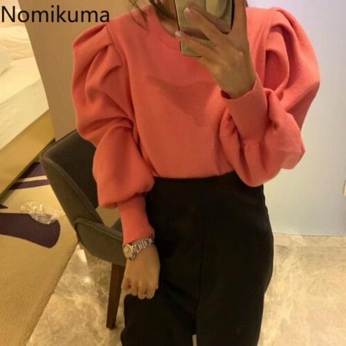Nomikuma Fashion Puff Sleeve Knitted Sweater Causal O-neck Women Knitwear 2020 Autumn Winter Korean Pullover Pull Femme 6D620