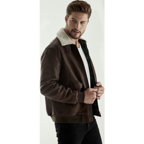 Genuine Leather Mens Washed Nappa Pilot Jacket with Shearling Collar