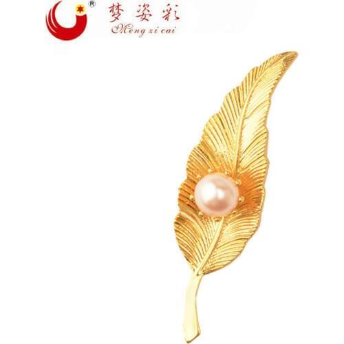 New Elegant Gold Metal Leaf Brooch Pin Pearl Broches Hijab Pins Female Broach Lapel Pin Accessories