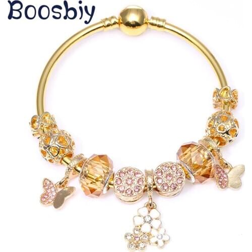New Arrival Gold Color Snake Chain Charm Bangle With Cherry Blossoms & Butterflies Pendants DIY Brand Jewelry Gift For Women