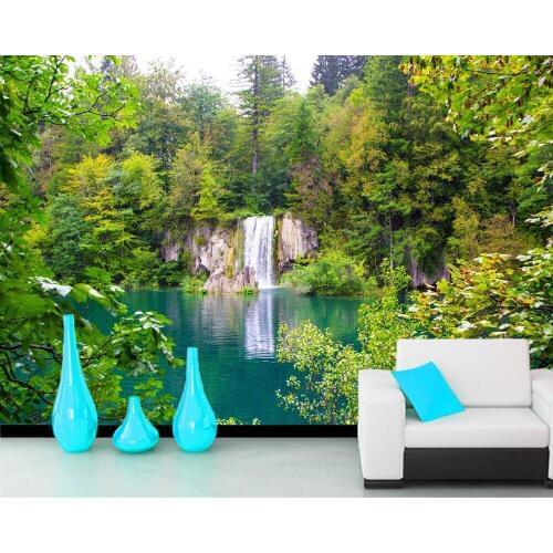 Papel de parede waterfall through the trees forest lake 3d wallpaper,living room tv wall bedroom wall papers home decor mural