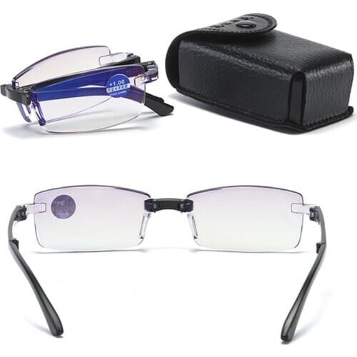 Smart Zoom Glasses Folding Diamond Cut Edge Anti-blue Reading Glasses Male Frameless TR90 Reading Glasses Portable Box Black