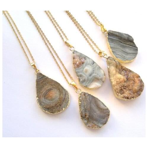 Chalcedony Drusy Necklace Aura Drusy Galaxy Drusy Jewelry Teardrop Pendant Mineral Necklace with chain 18" Mixed 5pcs