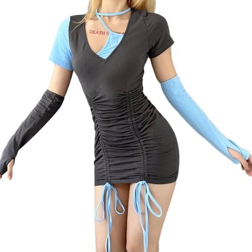 Sexy Female Dress Adults V-Neck Short Sleeve One-Piece with Drawstring Oversleeves Dresses for Summer Fall S/M/L